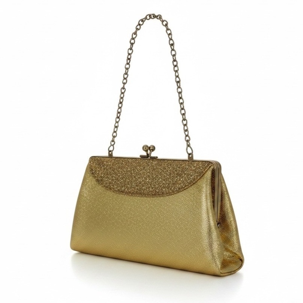 Vintage 1950s Gold Evening‎ Bag Women Small Metallic Glitter Clutch Chain Strap